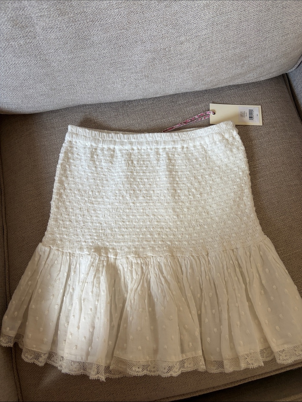 LoveShackFancy Cream Textured Smocked Mini Skirt with Ruffle Hem